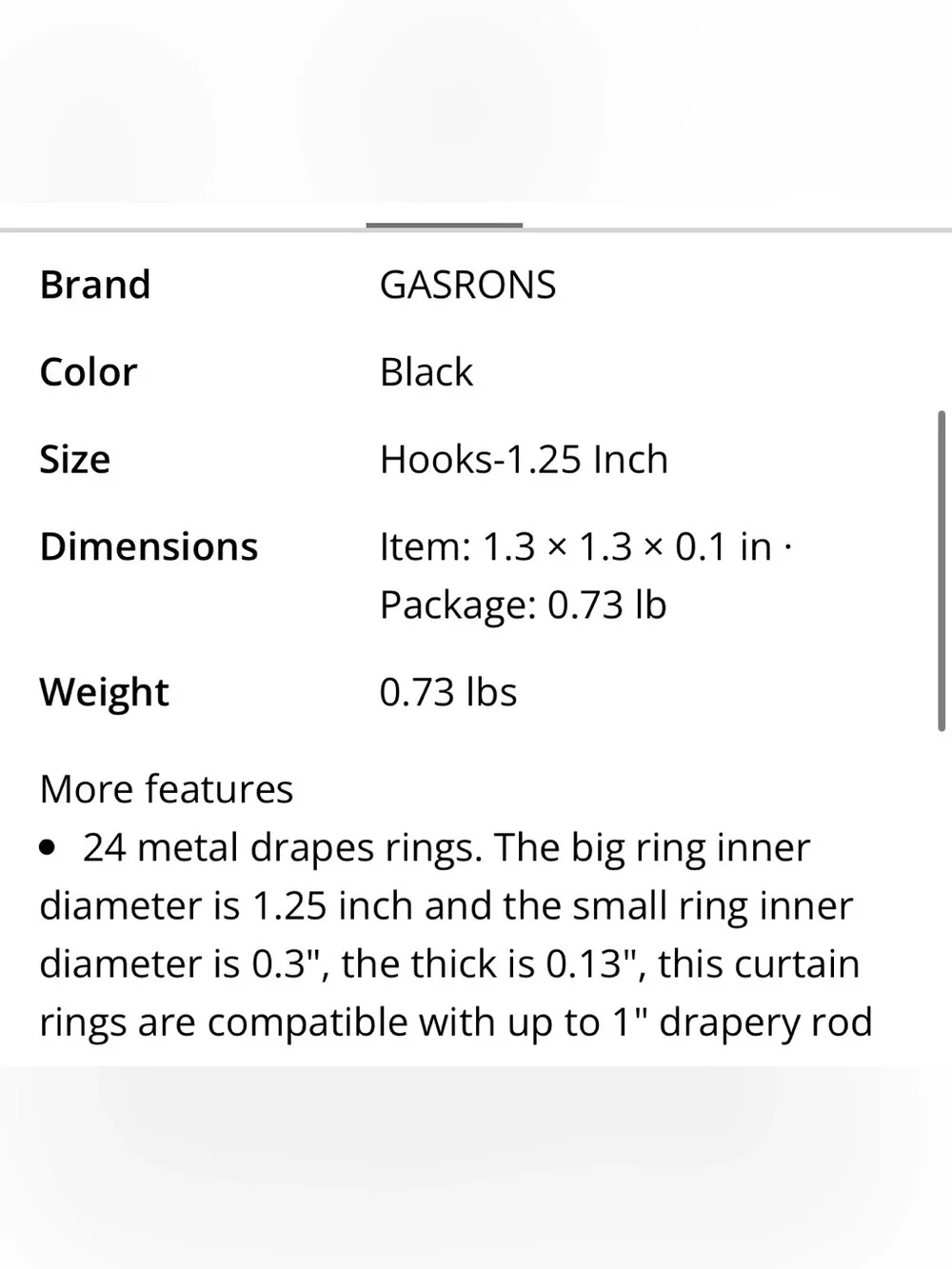 Curtain Rings with Hooks 1.25” fits up to 1” Rods (24Pcs) BLACK